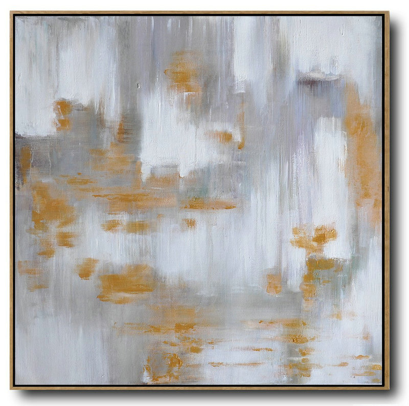 Large Abstract Landscape Oil Painting,Big Art Canvas White,Grey,Yellow
